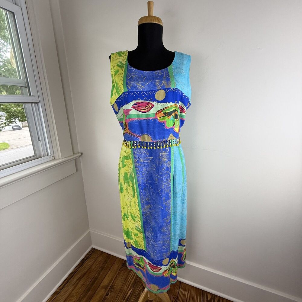 Vintage Bonnie Boynton Abstract Beaded Dress, Made in USA